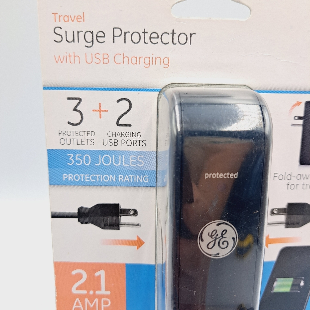 2 GE Travel Surge Protectors Outlets with USB Charging Ports & Foldable Prongs - Picture 3 of 7